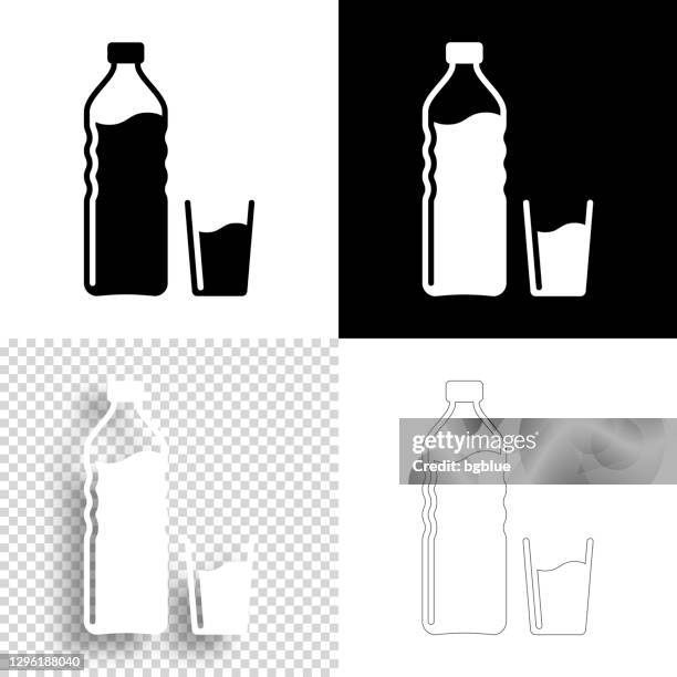 ボトルとコップ一杯の水。デザイン用アイコン。空白、白、黒の背景 - ラインアイコン - ペットボトル点のイラスト素材／クリップアート素材／マンガ素材／アイコン素材