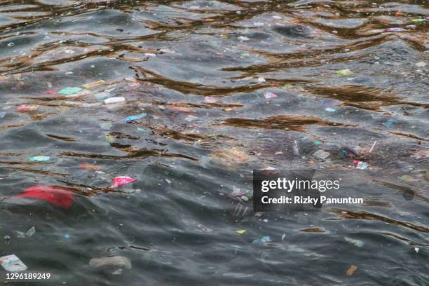 plastic trash floating on sea surface - undersea river stock pictures, royalty-free photos & images