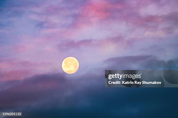 full moon in light of sunrise - creative brief 'nature' - pleine lune photos et images de collection