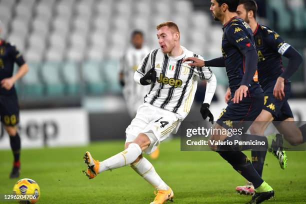 Dejan Kulusevski of Juventus F.C. Scores their team's first goal during the Coppa Italia match between Juventus and Genoa CFC at Allianz Stadium on...