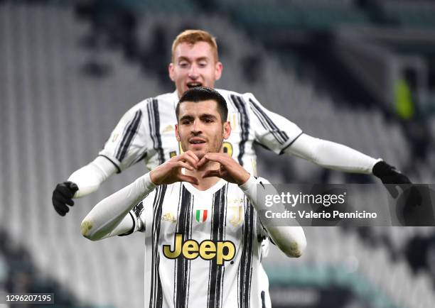 Alvaro Morata of Juventus F.C. Is congratulated by teammate Dejan Kulusevski as he celebrates after scoring their team's second goal during the Coppa...