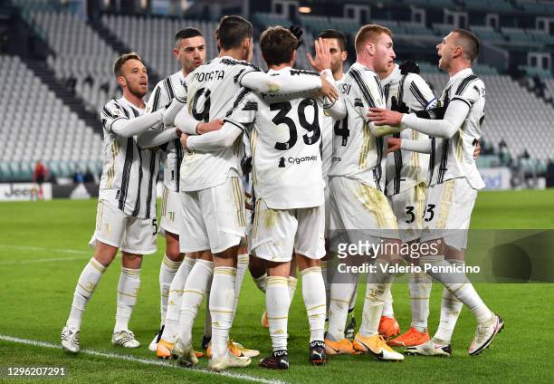 Alvaro Morata of Juventus F.C. Celebrates with Manolo Portanova and teammates after scoring their team's second goal during the Coppa Italia match...