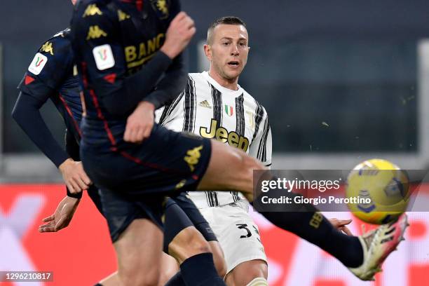 Federico Bernardeschi of Juventus kicks the ball during the Coppa Italia match between Juventus and Genoa CFC at Allianz Stadium on January 13, 2021...