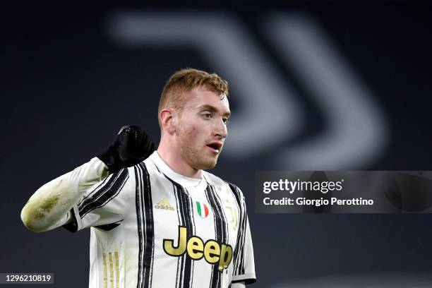 Dejan Kulusevski of Juventus gestures during the Coppa Italia match between Juventus and Genoa CFC at Allianz Stadium on January 13, 2021 in Turin,...