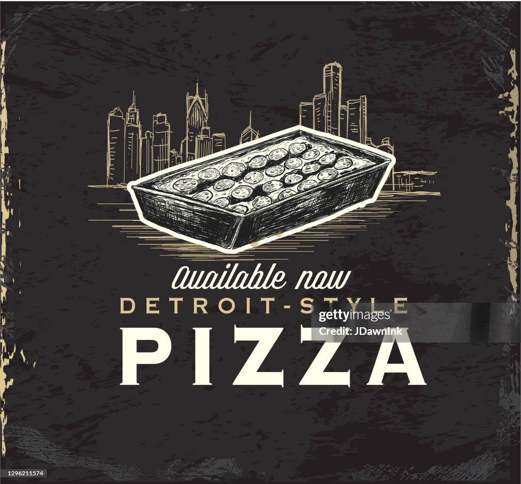 Detroit-style square pizza vintage label with square pan pizza and sketchy Detroit skyline design with text