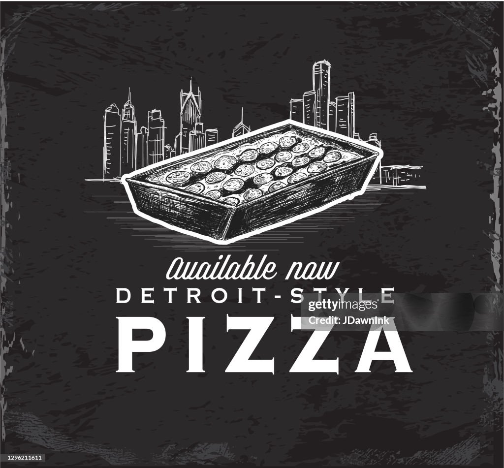 Detroit-style square pizza vintage label with square pan pizza and sketchy Detroit skyline design with text