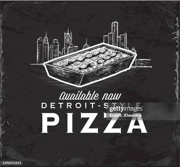 detroit-style square pizza vintage label with square pan pizza and sketchy detroit skyline design with text - detroit vector stock illustrations