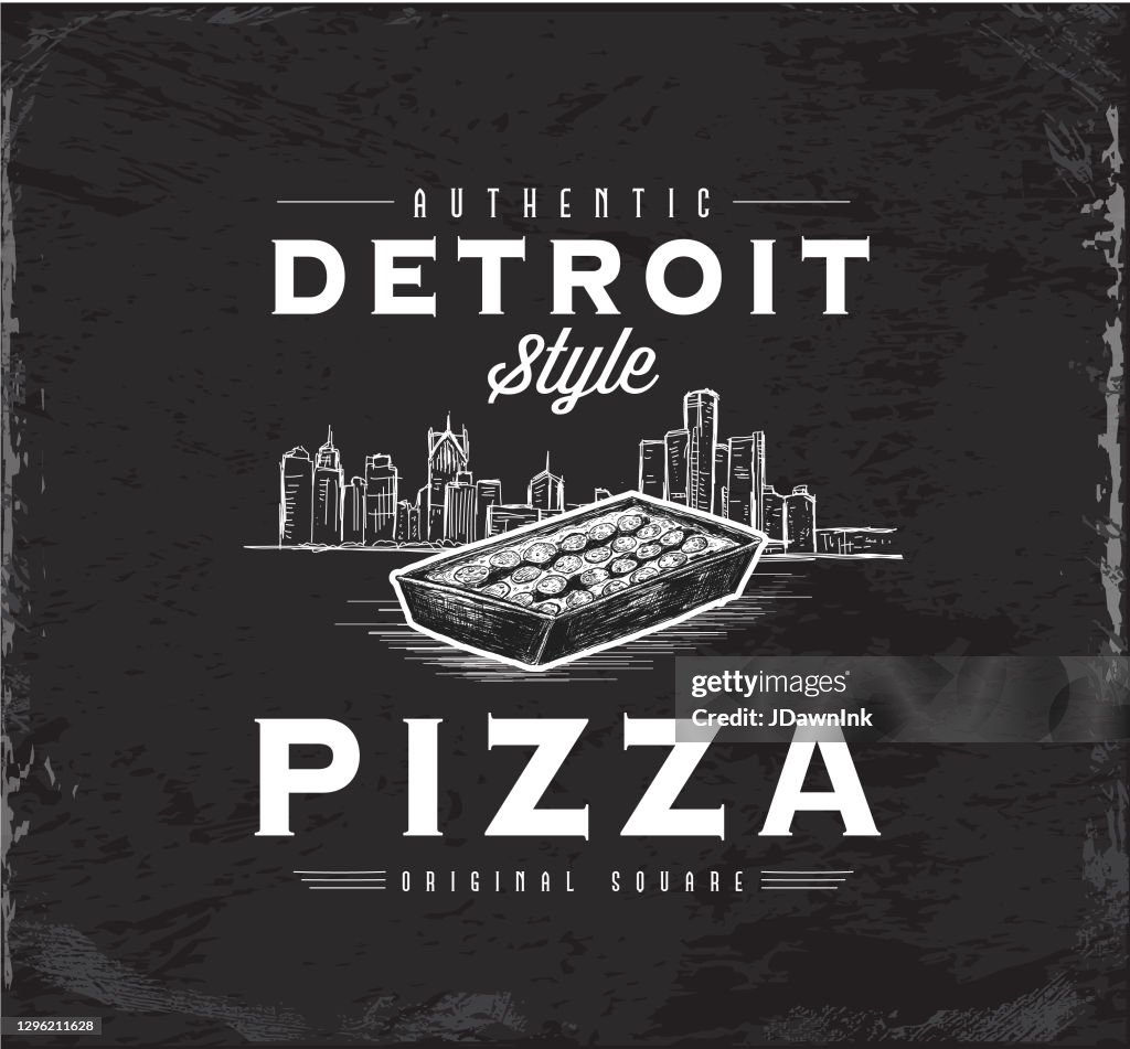 Detroit-Stil quadratische Pizza Vintage Label mit quadratischen Pfanne Pizza und skizzenhaftDetroit Skyline Design mit Text