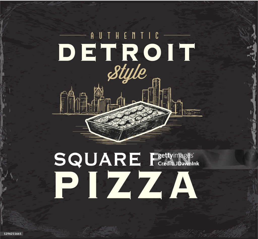 Detroit-style square pizza vintage label with square pan pizza and sketchy Detroit skyline design with text