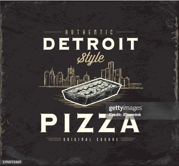 detroit-stil quadratische pizza vintage label mit quadratischen pfanne pizza und skizzenhaftdetroit skyline design mit text - detroit michigan stock-grafiken, -clipart, -cartoons und -symbole