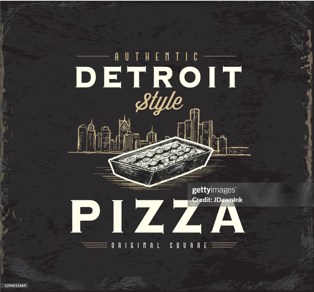 Detroit-style square pizza vintage label with square pan pizza and sketchy Detroit skyline design with text