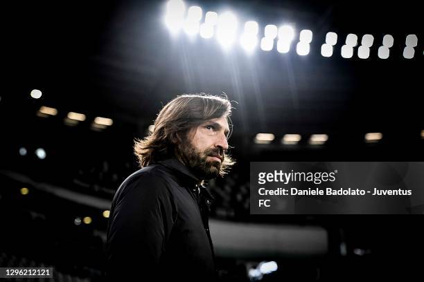 Head coach of Juventus Andrea Pirlo looks on during the Coppa Italia match between Juventus and Genoa CFC at Allianz Stadium on January 13, 2021 in...