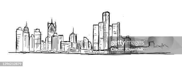 skizzenhafte und lose zeichnung der innenstadt von detroit michigan usa skyline - detroit michigan stock-grafiken, -clipart, -cartoons und -symbole