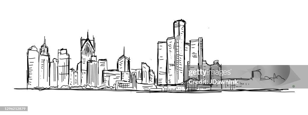 Sketchy and loose drawing of downtown Detroit Michigan USA skyline