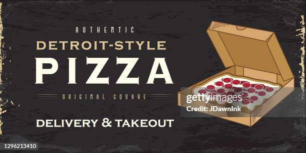 detroit-style square pizza vintage banner with square pan pizza in open take out box with text - detroit vector stock illustrations