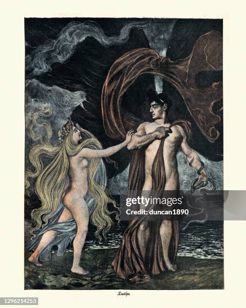 stockillustraties, clipart, cartoons en iconen met lucifer die slangen houdt, die door een blonde behaarde godin worden benaderd, art nouveau - blond haar