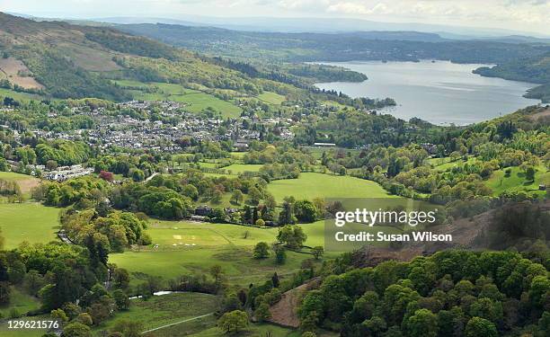 ambleside & windermere from nab scar - ambleside stock pictures, royalty-free photos & images