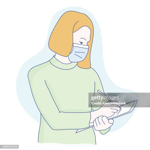the new normal-working at office related flat line vector illustration - new normal work stock illustrations