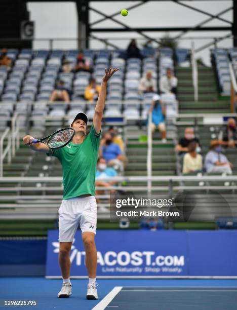 Hubert Hurkacz of Poland serves to Sebastian Korda in the Finals of the Delray Beach Open by Vitacost.com at Delray Beach Tennis Center on January...