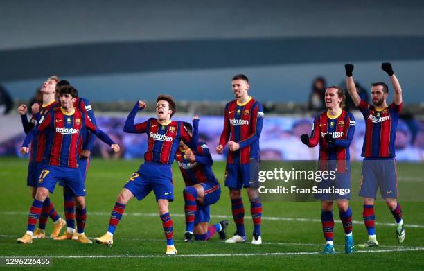 Trincao, Ricard Puig, Ronald Araujo, Clement Lenglet, Antoine Griezmann and Miralem Pjanic of Barcelona celebrate during a penalty shoot out during...