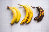 Three bananas of different maturity