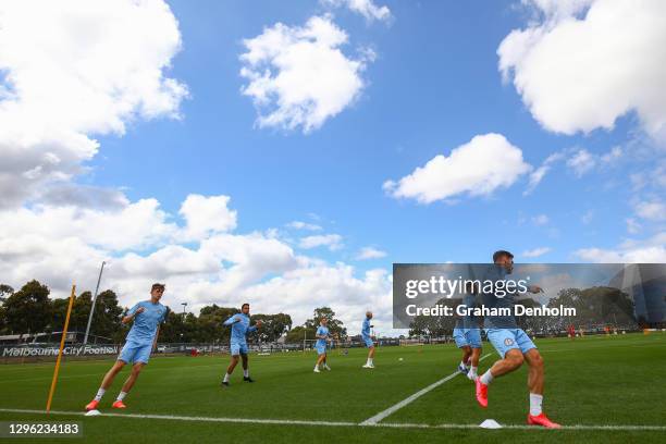 Melbourne City players warm up during a Melbourne City A-League training session at City Football on January 14, 2021 in Melbourne, Australia.