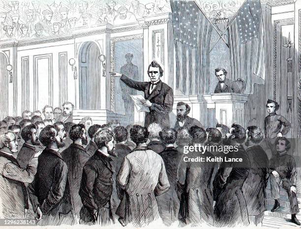 ilustrações, clipart, desenhos animados e ícones de discurso sobre impeachment de andrew johnson - deputado congressista