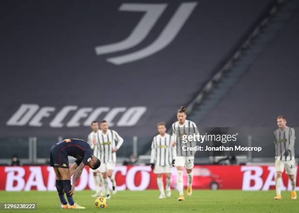 Gianluca Scamacca of Genoa CFC reacts as Juventus players return to their own half after celebrating Alvaro Morata's goal that gave the side a 2-0...