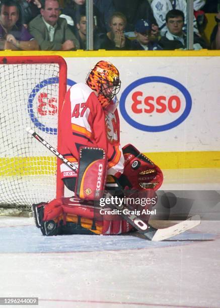 Jean-Sebastien Giguere of the Calgary Flames skates against the Toronto Maple Leafs during NHL game action on November 23, 1998 at Maple Leaf Gardens...