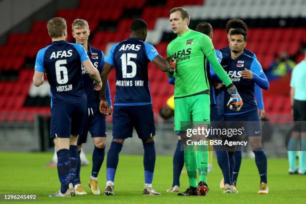 Fredrik Midtsjo of AZ, Bruno Martins Indi of AZ, goalkeeper Marco Bizot of AZ, Owen Wijndal of AZ during the Dutch Eredivisie match between PSV and...