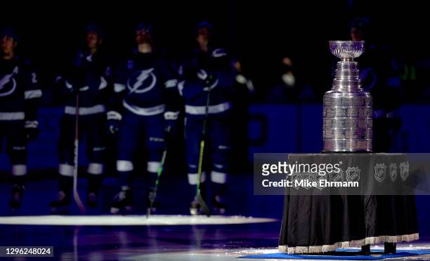 The Tampa Bay Lightning present the Stanley Cup celebrating winning for the 2019-20 NHL season during a game against the Chicago Blackhawks on...