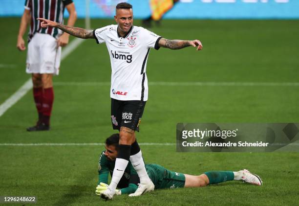 Luan of Corinthians celebrates after scoring the fifth goal of his team during the match against Fluminense as part of Brasileirao Series A at Neo...