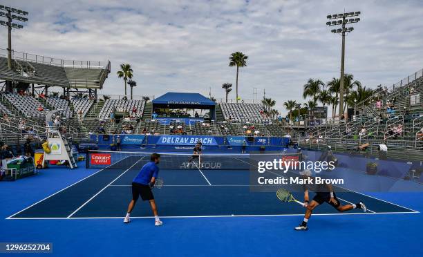 Christian Harrison and Ryan Harrison in action against Ariel Behar of Uruguay and Gonzalo Escobar of Ecuador during the Doubles Finals of the Delray...