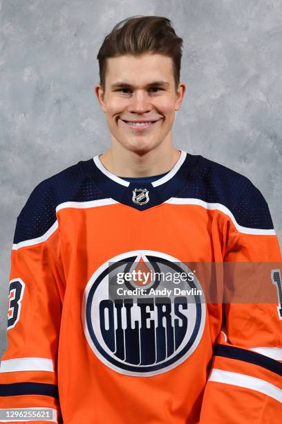 Jesse Puljujarvi of the Edmonton Oilers poses for his official headshot for the 2020-2021 season on January 7, 2021 at Rogers Place in Edmonton,...