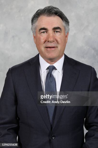 May 28: Dave Tippett, Head Coach of the Edmonton Oilers poses for his official headshot for the 2019-2020 season on May 28, 2019 at Rogers Place in...