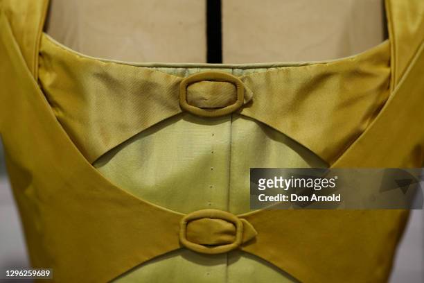 Detail view of the dress worn by Peggy is seen as preparations for the musical Hamilton gear up on January 14, 2021 in Sydney, Australia. Hundreds of...