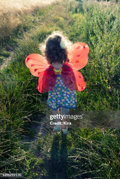 girl wearing fairy wings walking in a rural landscape, italy - aile de déguisement photos et images de collection