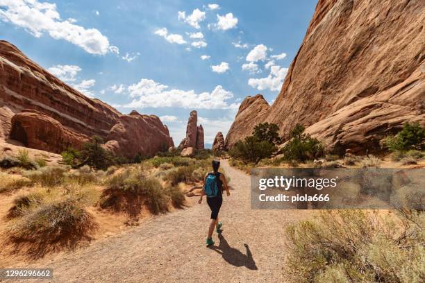 äventyr i öknen i usa southwest: kvinna vandring i en öken landskap på capitol reef - canyonlands national park bildbanksfoton och bilder