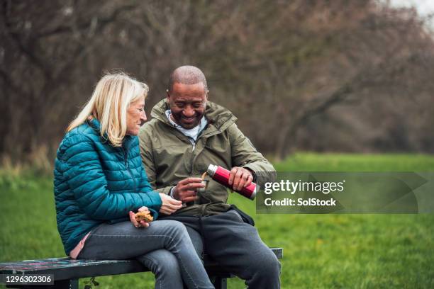 senior couple picnic in the park - sitting bench stock pictures, royalty-free photos & images