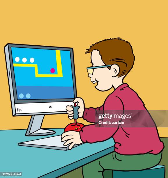 boy play computer games. vector flat illustration - game controller hand stock illustrations