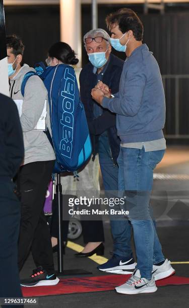 Rafael Nadal arrives at Adelaide Airport on January 14, 2021 in Adelaide, Australia. All players and staff arriving in Adelaide for the Australian...