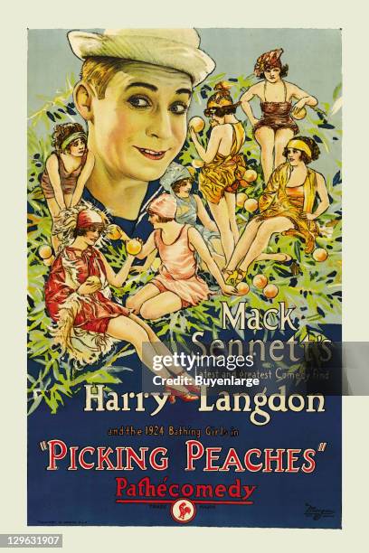Bathing Beauties frolic in a Peach Orchard on a poster that advertises the Mack Sennett movie 'Picking Peaches,' 1924.