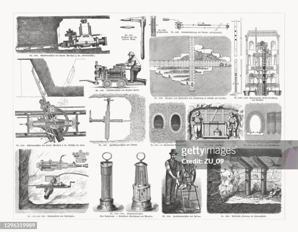 bergbauausrüstung aus dem 19. jahrhundert, holzstich, veröffentlicht 1893 - bergwerk stock-grafiken, -clipart, -cartoons und -symbole