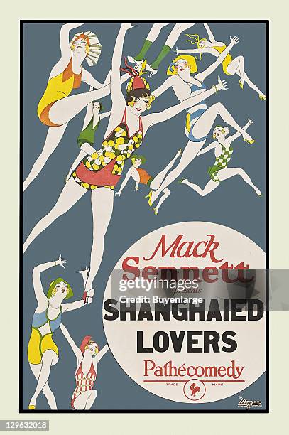Girls in Bathing Suits abound on a poster that advertises the Mack Sennett movie 'Shanghaied Bathing Beauties,' 1920.