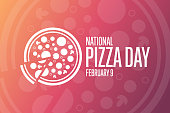 National Pizza Day. February 9. Holiday concept. Template for background, banner, card, poster with text inscription. Vector EPS10 illustration.