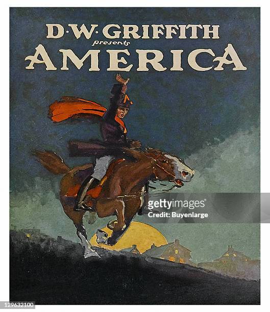 Paul Revere rides on horse on a poster that advertises the D.W. Griffith movie 'America,' 1924.