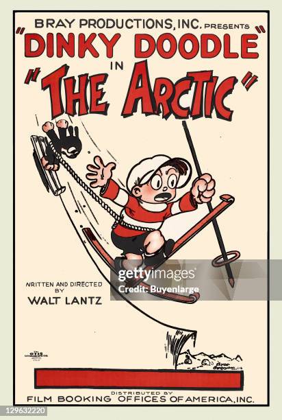 Cartoon with Skier with a cat pulled behind on a poster that advertises the Walter Lantz movie 'The Arctic,' 1926.