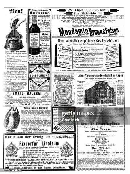 ads from 1892 in a german magazine - linoleum stock illustrations