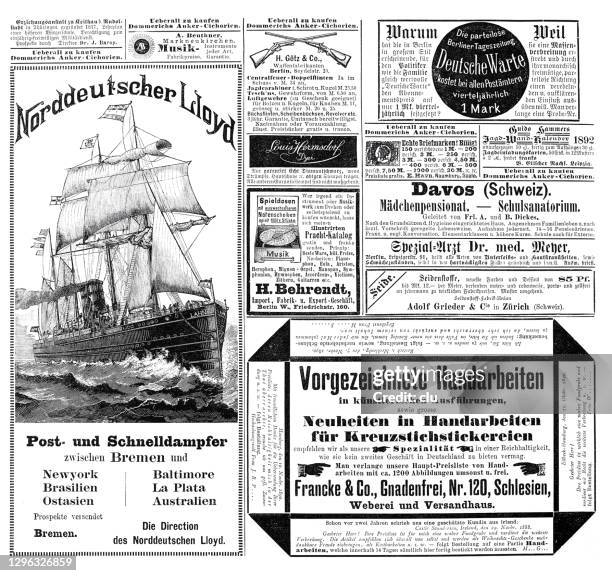 anzeigen von 1892 in einem deutschen magazin - davos stock-grafiken, -clipart, -cartoons und -symbole