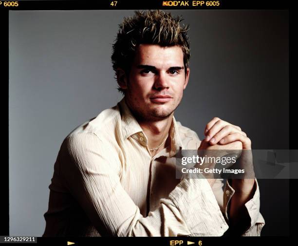 Lancashire and England bowler James Anderson poses for a picture in Manchester in April 2003 in Manchester, United Kingdom.